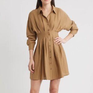 Mila Mae Long Sleeve Pleated Shirtdress – Size Medium – Natural – Fit & Flare